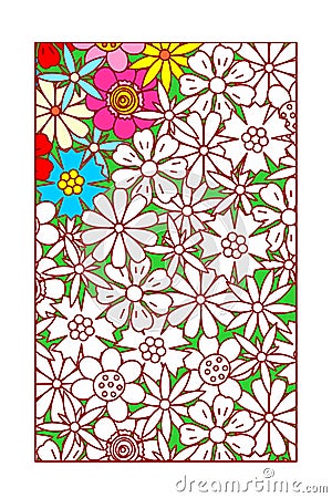 Partly done coloring page with various flowers for adults or kids to finish Vector Illustration